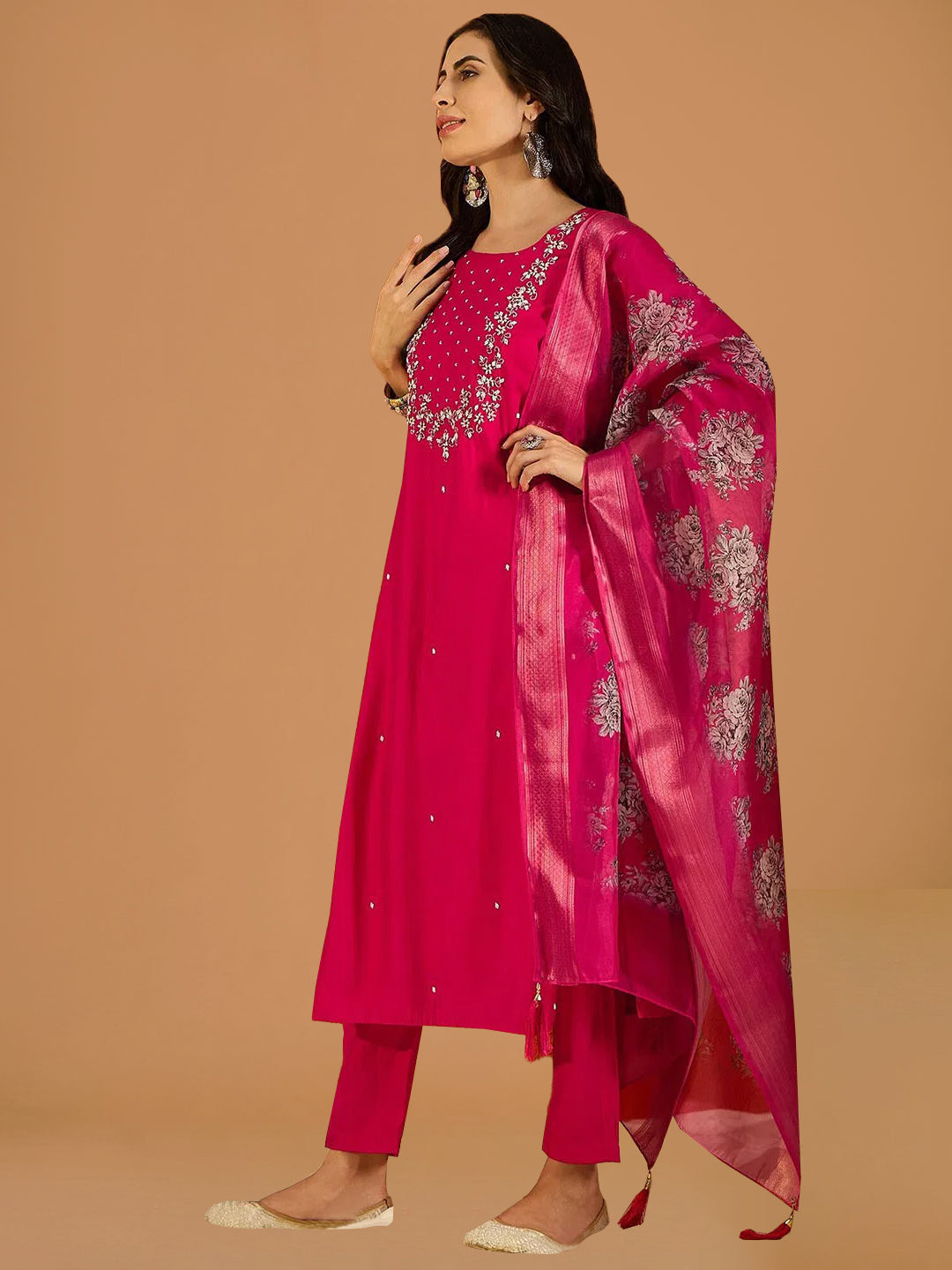 dhartii Fuchsia Pink Viscose Chanderi Embroidered Suit Set with Dupatta (3-Piece)