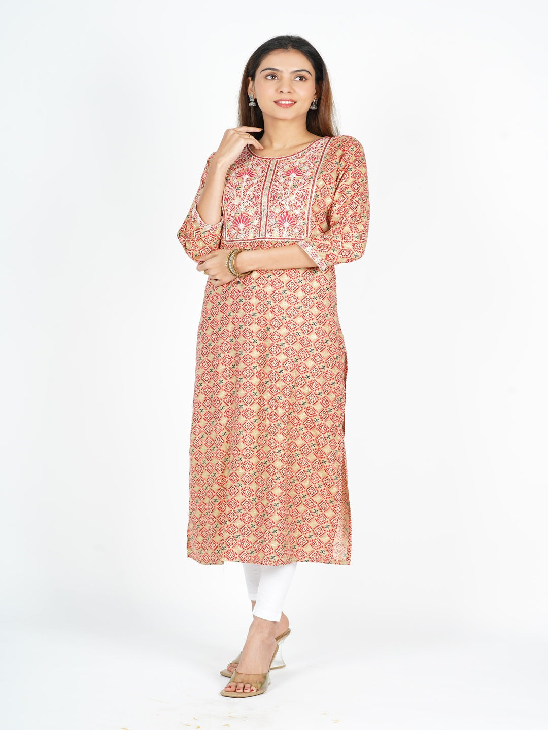 Red Embroidered Straight Rayon Kurta