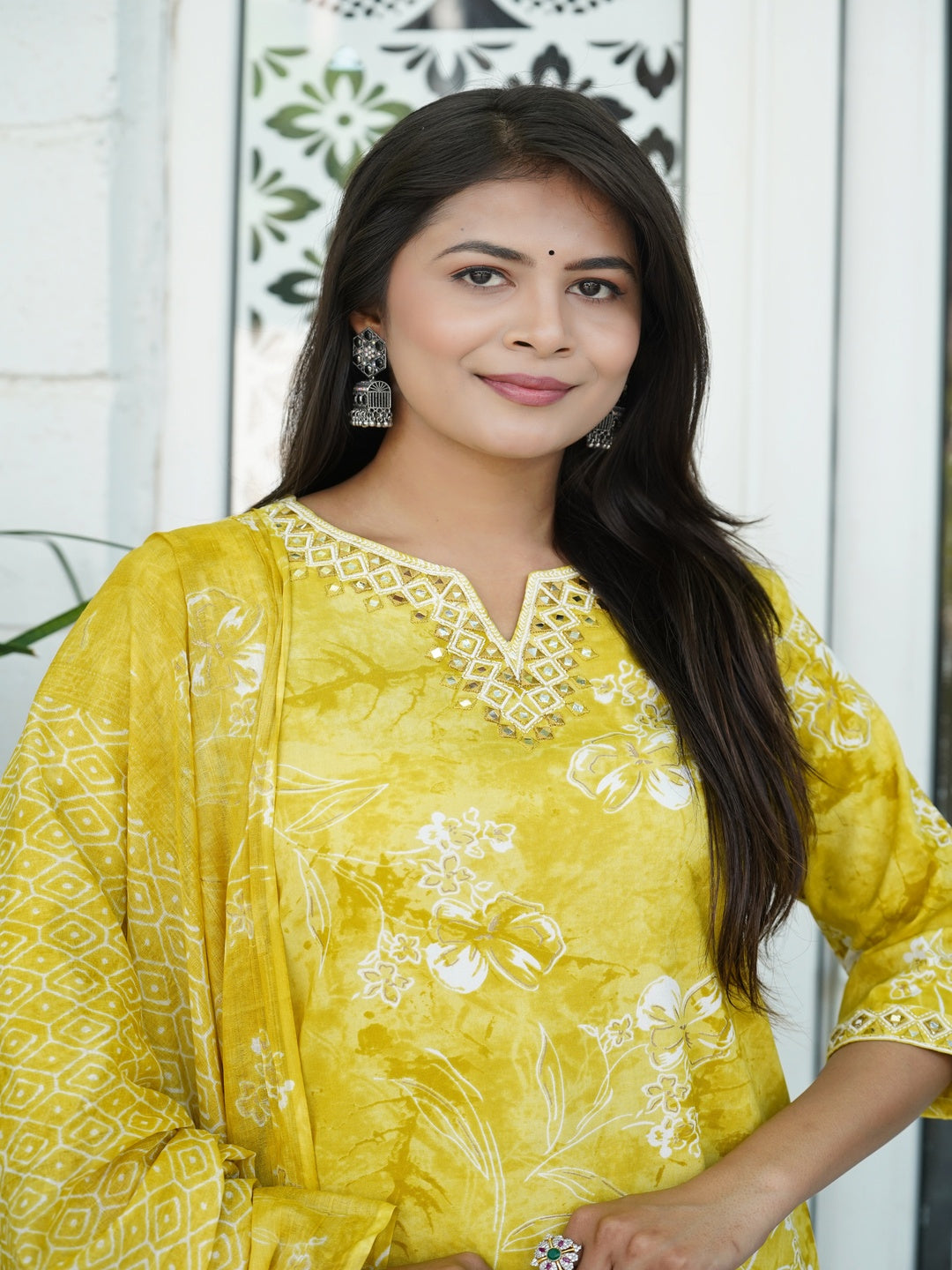Yellow Embroidered Straight Rayon Suit Set
