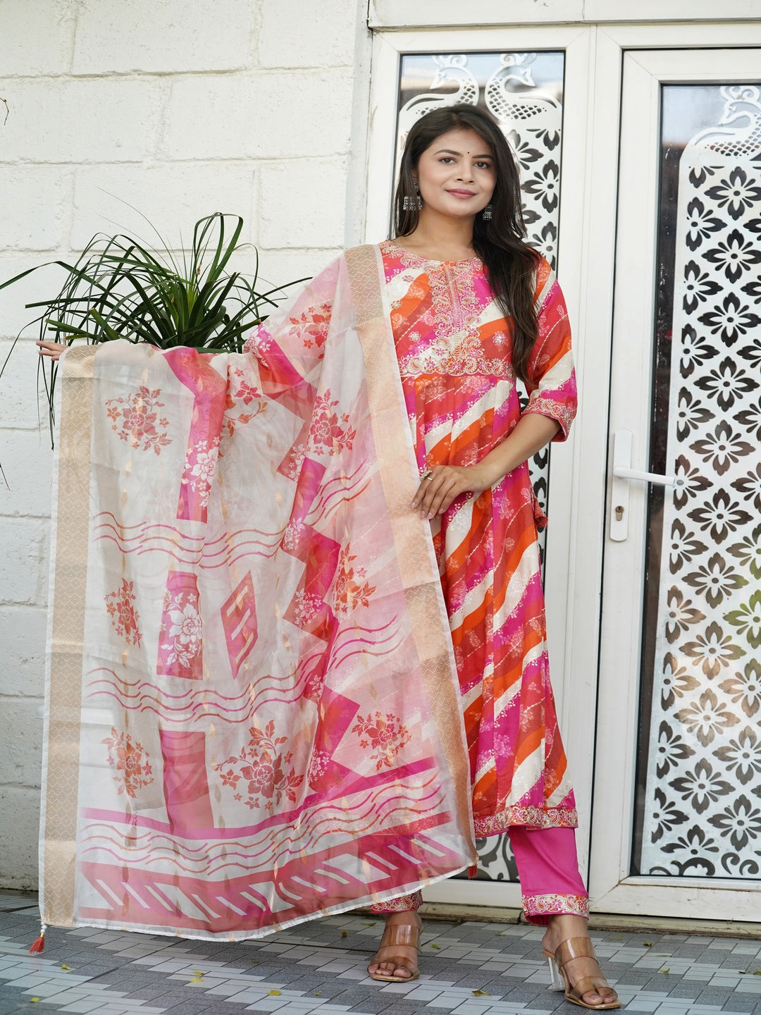 Pink Embroidered Straight Rayon Foil Suit Set