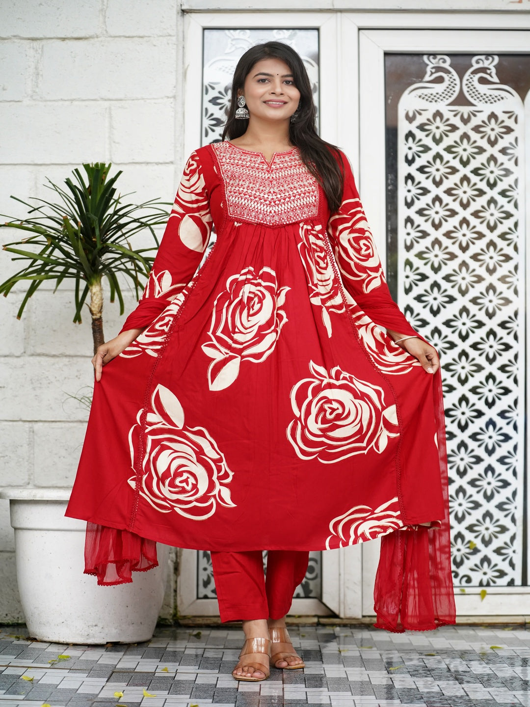 Red Embroidered Anarkali Rayon Foil Suit Set