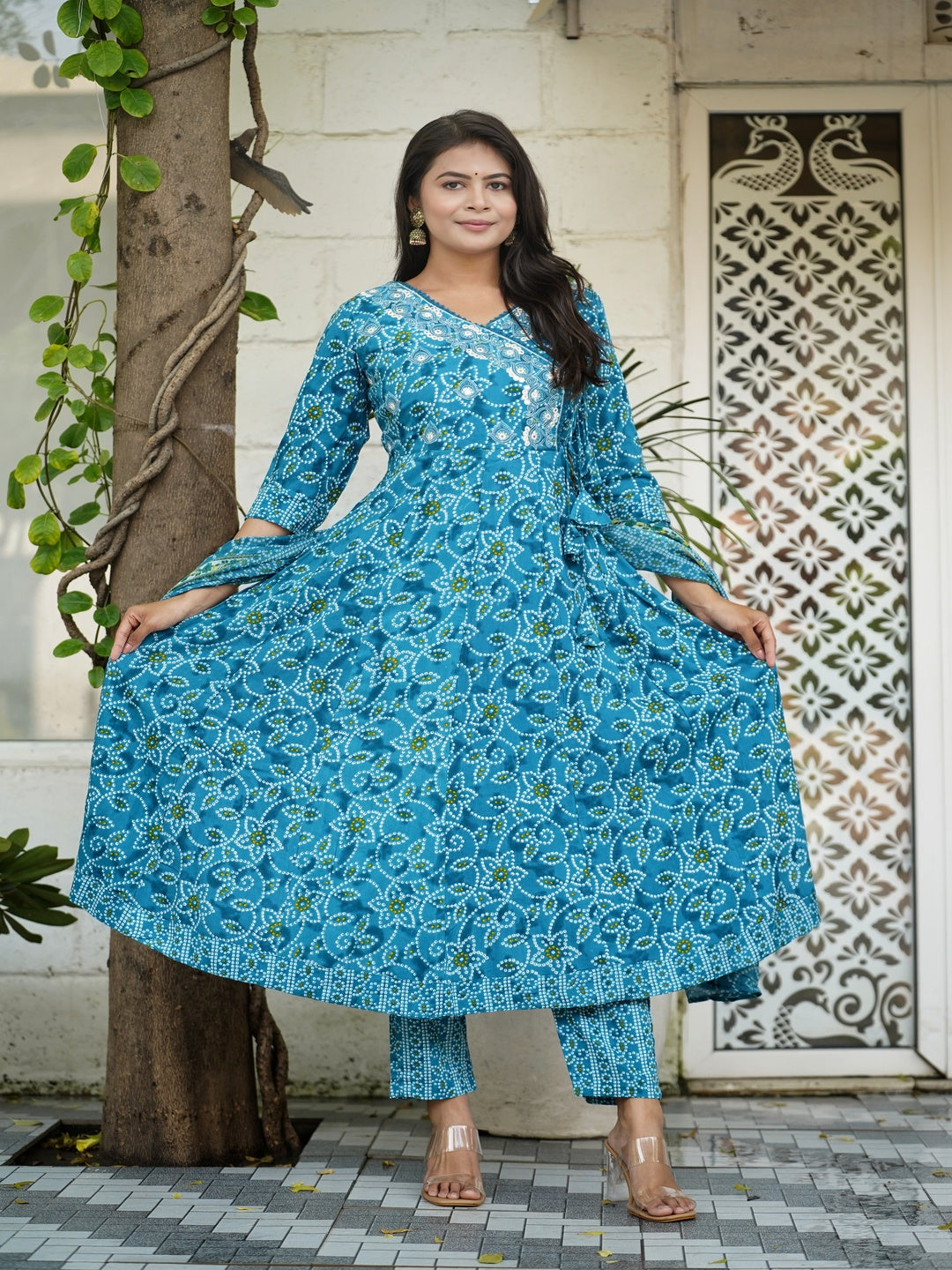 Blue Embroidered Anarkali Rayon Suit Set