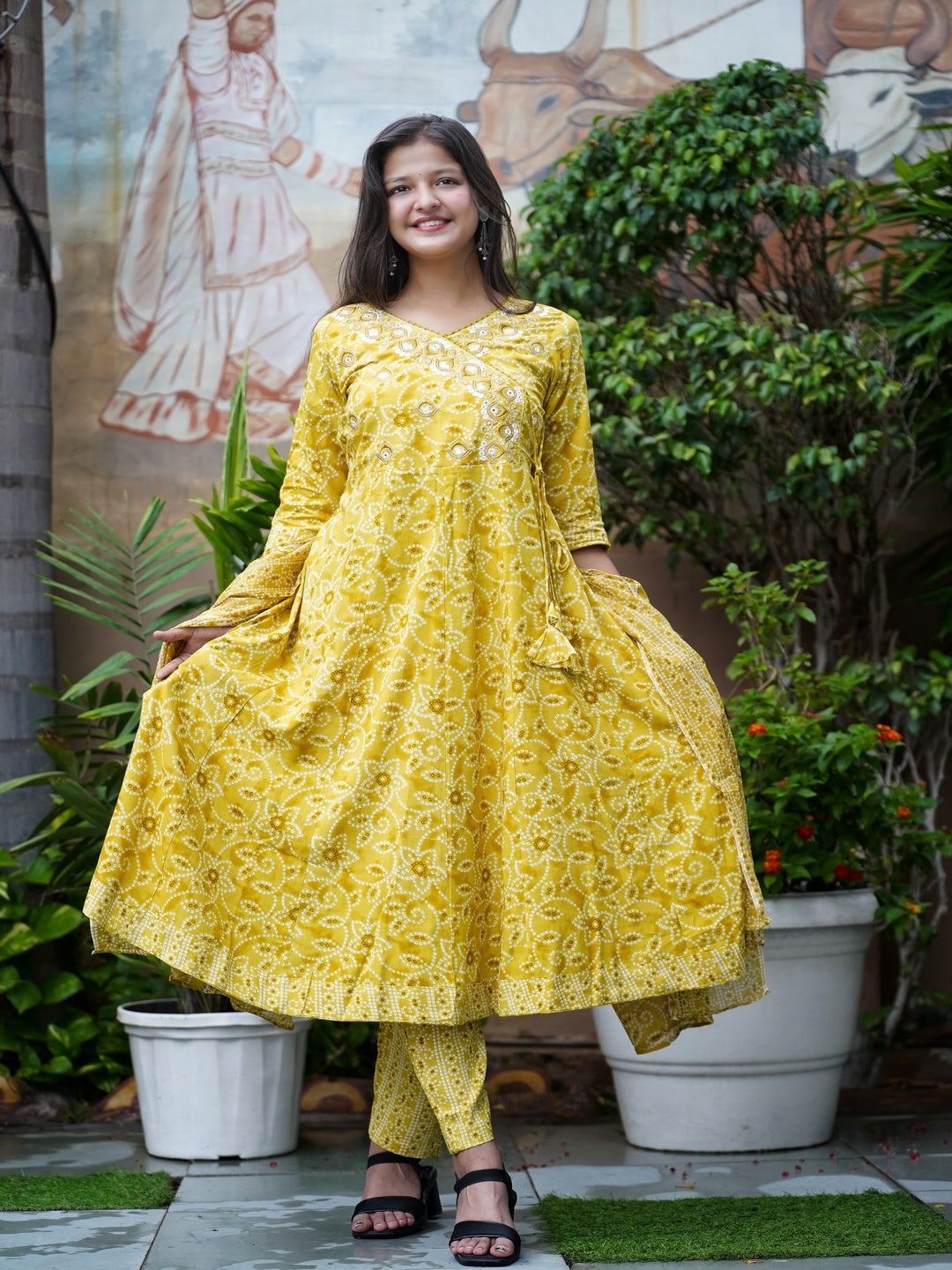 Yellow Embroidered Angharakha Rayon Suit Set