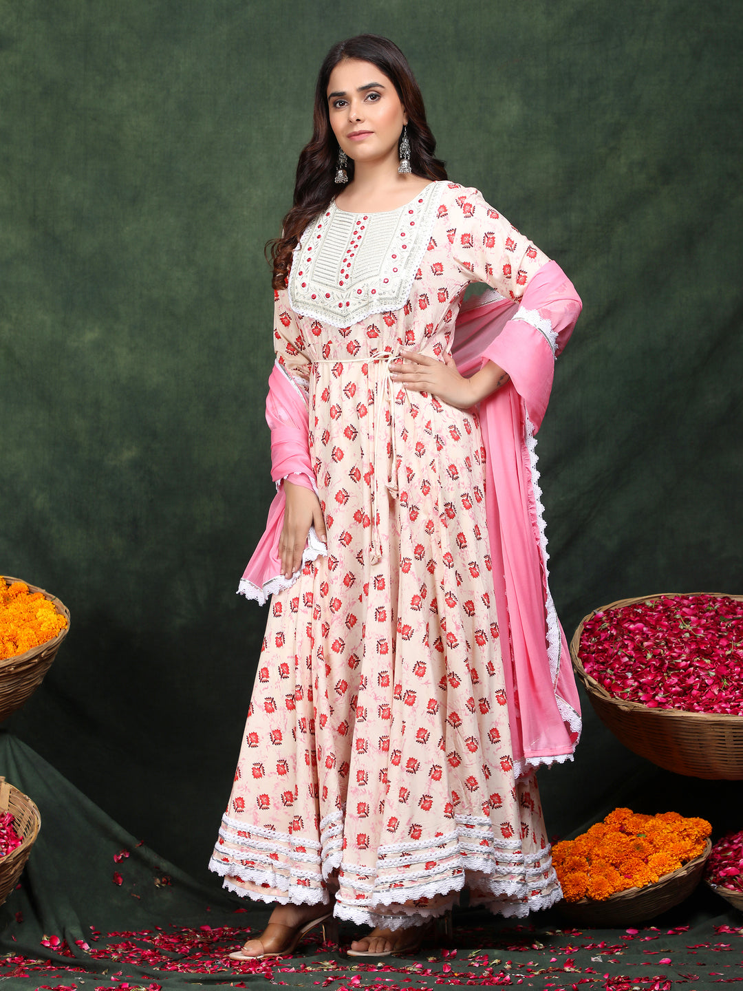 White Pink Embroidered Anarkali Rayon Suit Set