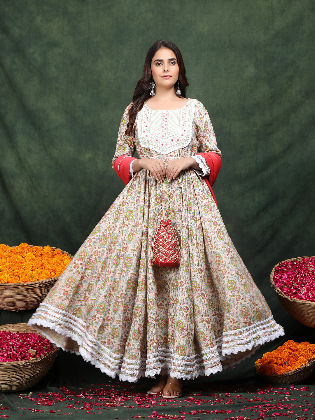 White & Red Embroidered Anarkali Rayon Suit Set