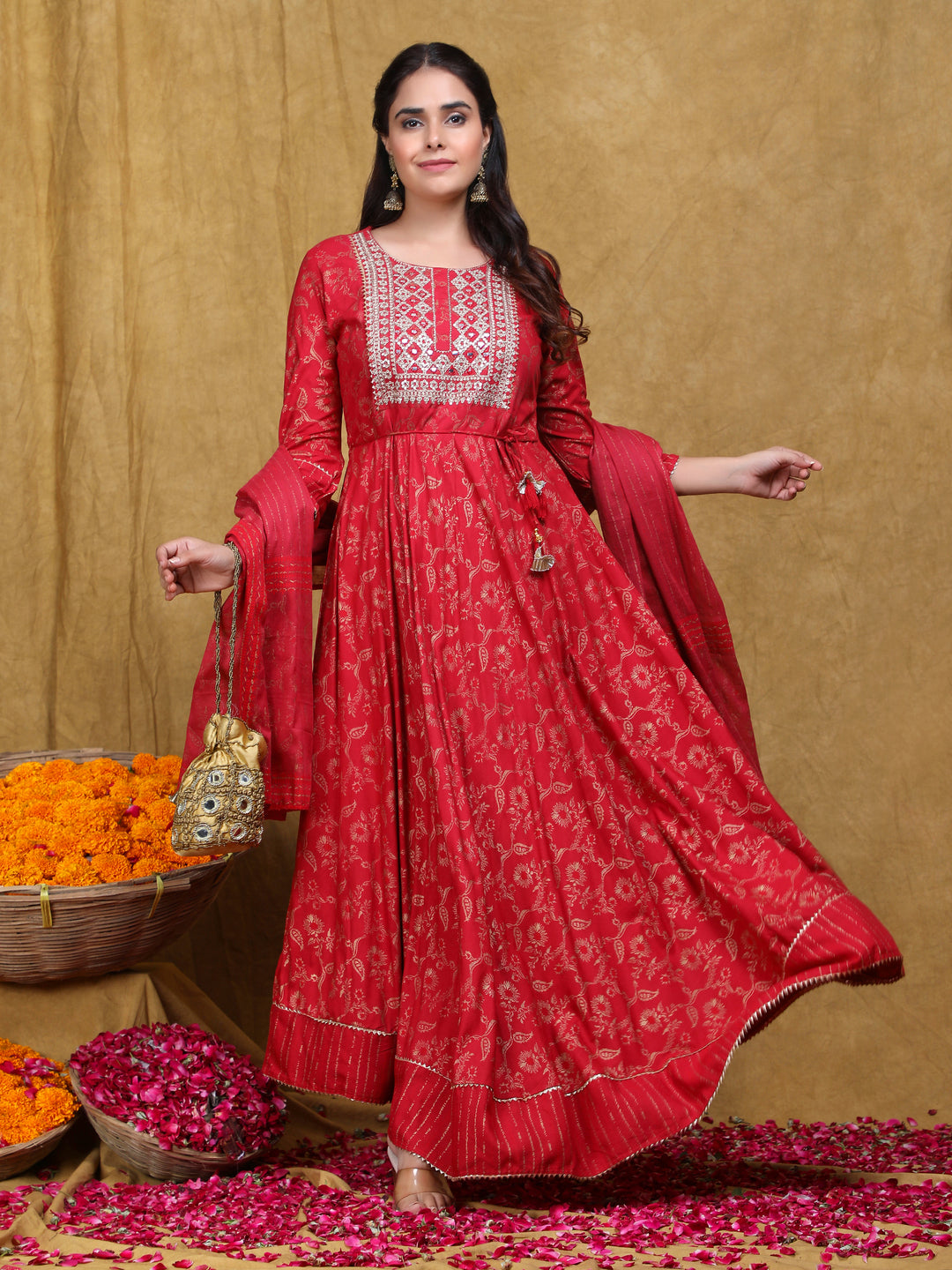 Red Embroidered Anarkali Rayon Suit Set