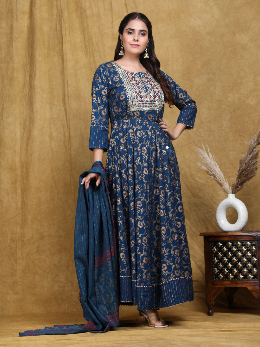 Blue Embroidery Anarkali Rayon Suit Set
