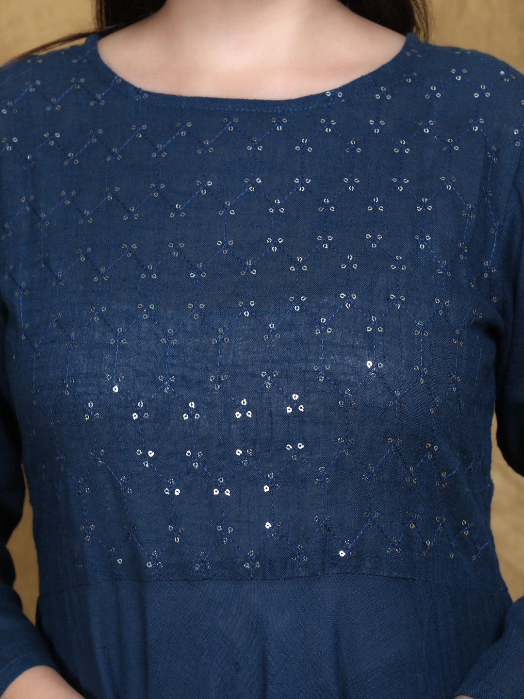 Blue Printed Flared Cotton Slub Dress