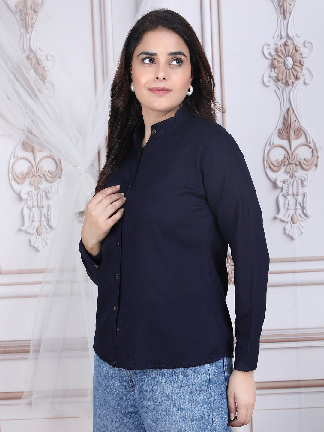 Navy Blue Solid Straight Rayon Top
