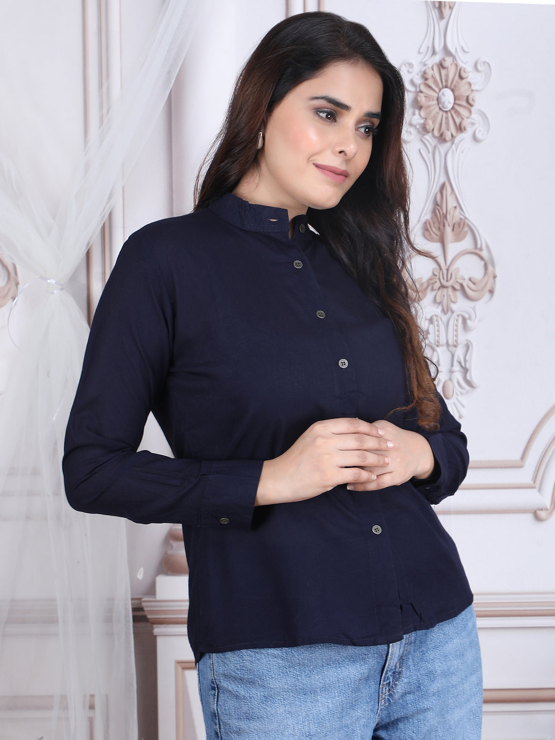 Navy Blue Solid Straight Rayon Top