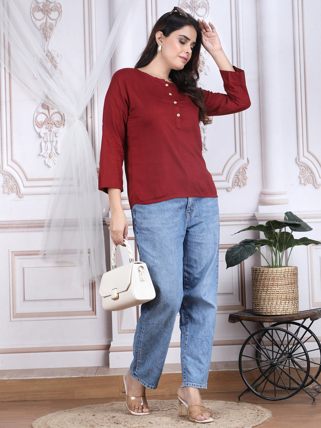 Maroon Solid Straight Round Neck Rayon Top