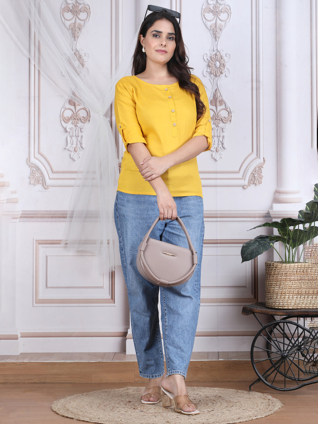 Yellow Solid Pattern Straight Rayon Top
