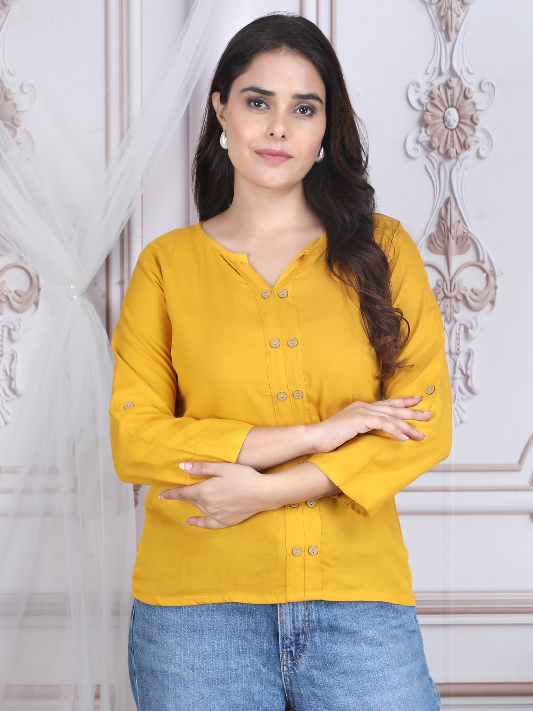 Yellow Solid Straight-Fit Rayon Top