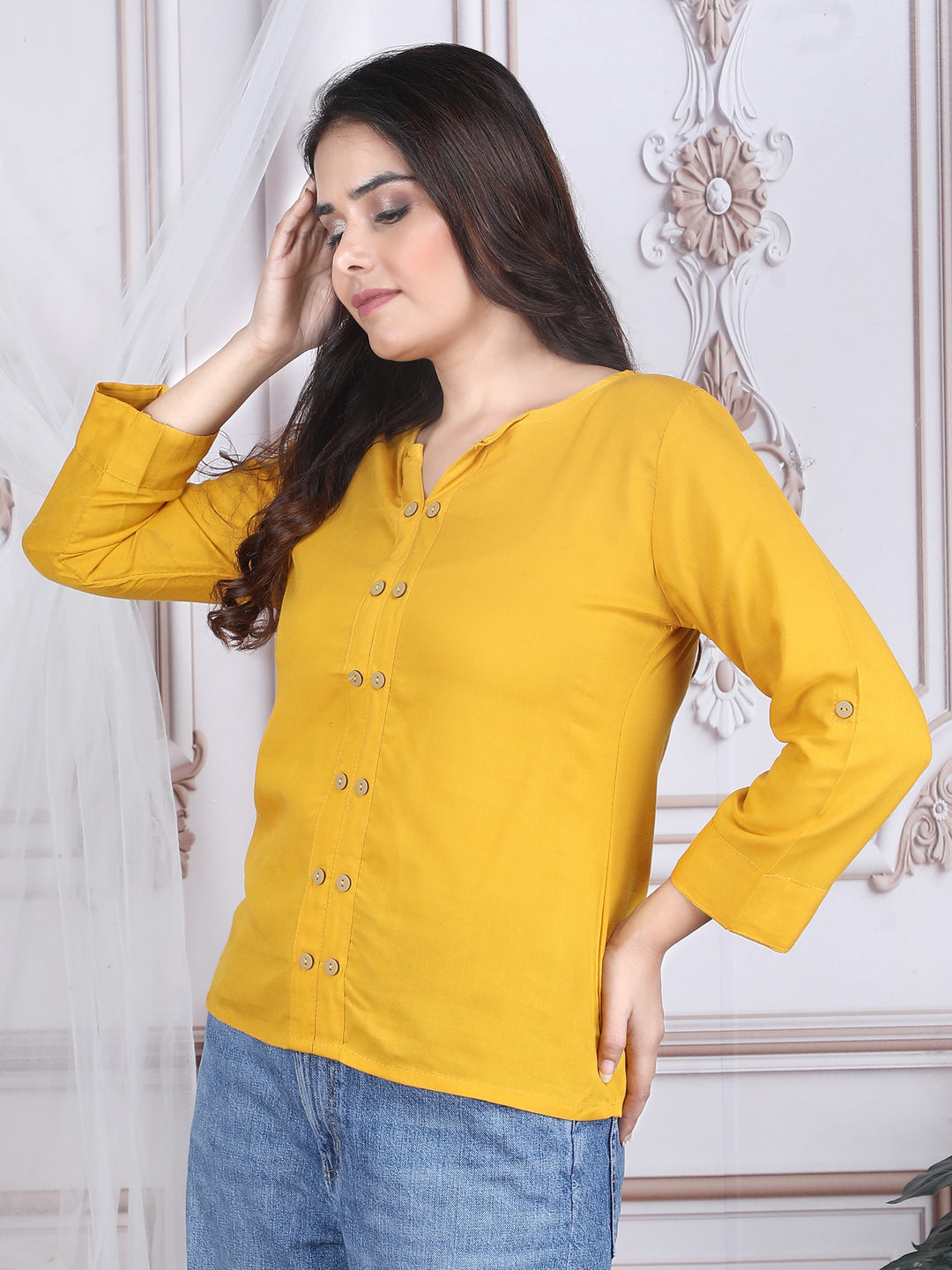 Yellow Solid Straight-Fit Rayon Top