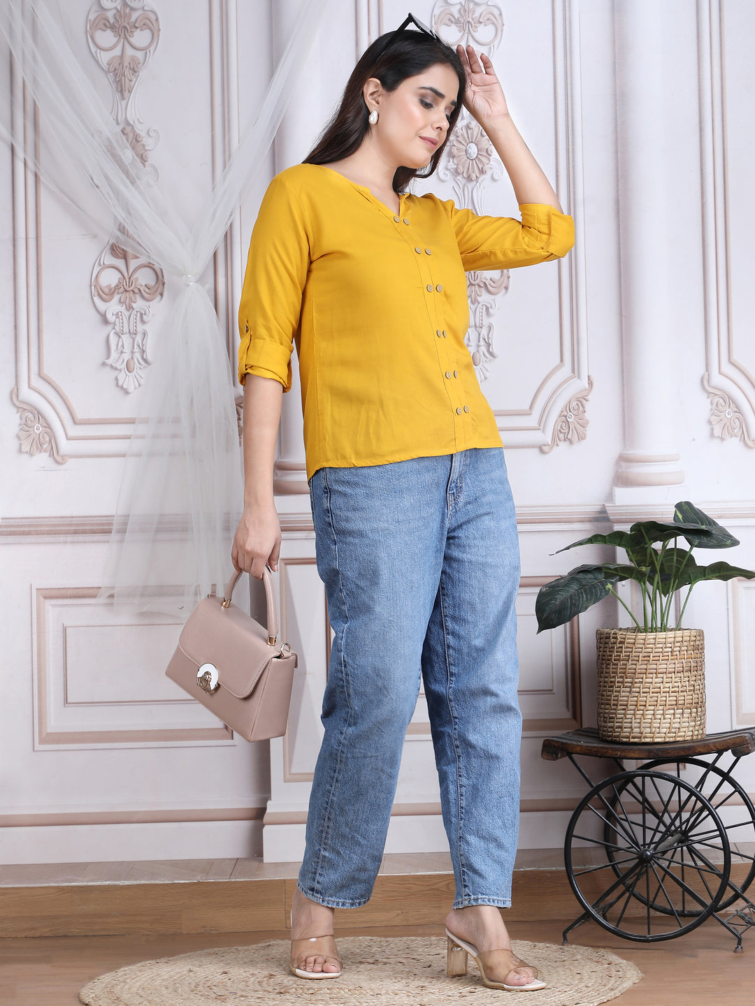Yellow Solid Straight-Fit Rayon Top