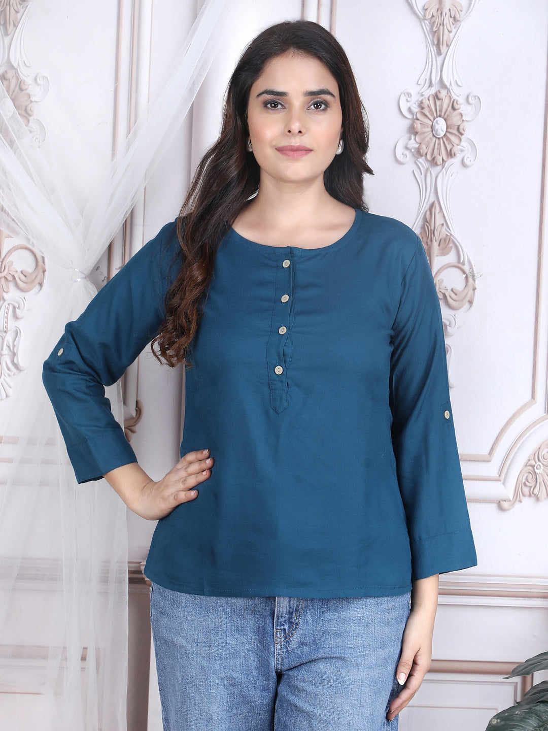 Blue Soild Straight Rayon Top