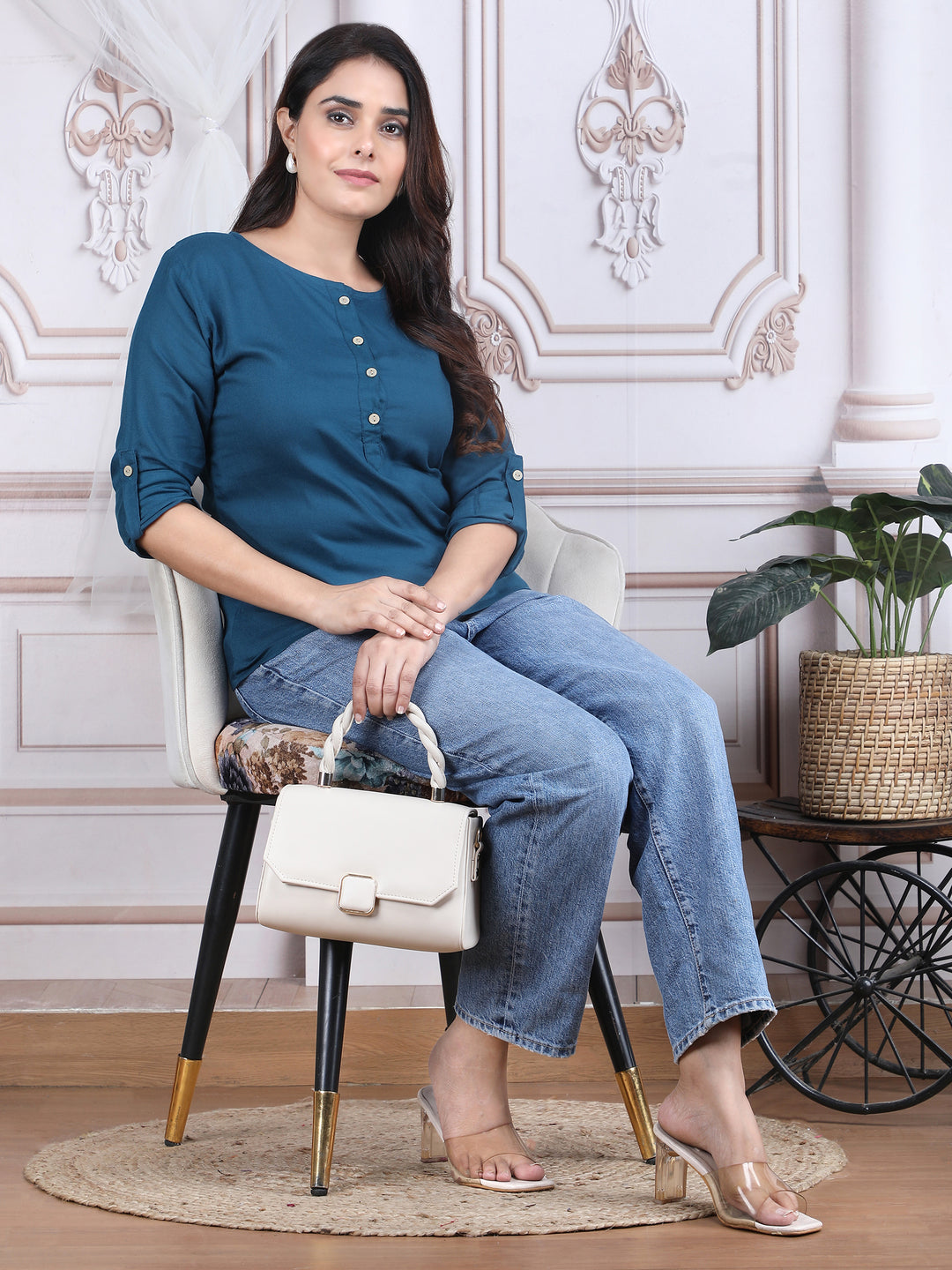 Blue Soild Straight Rayon Top