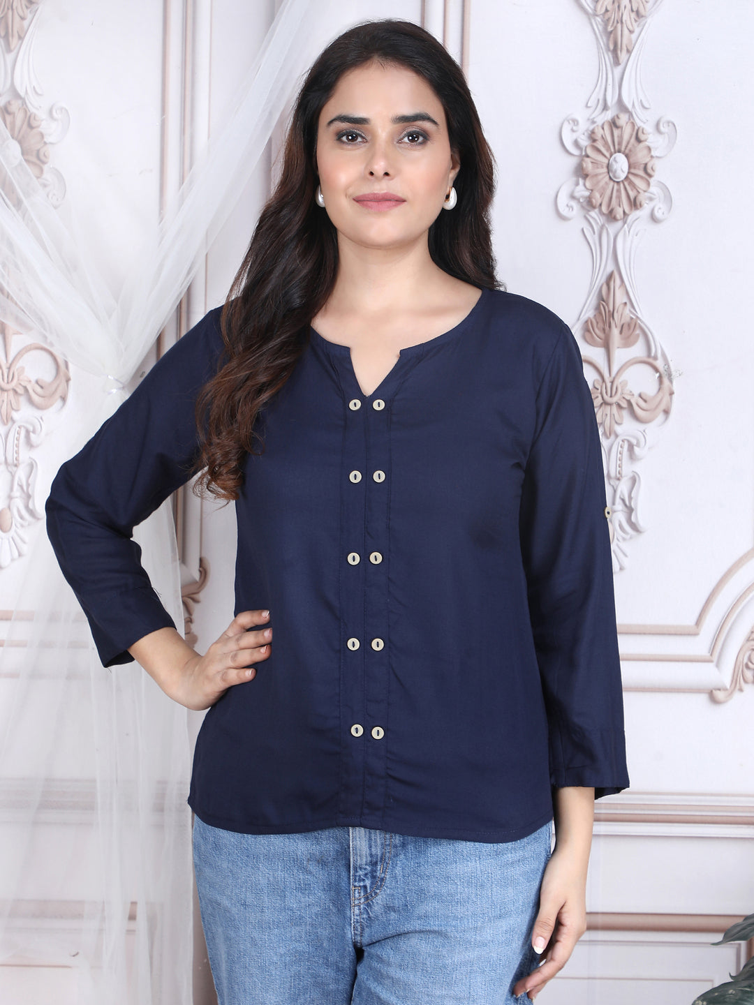 Navy Blue Solid Pattern Straight Rayon Top