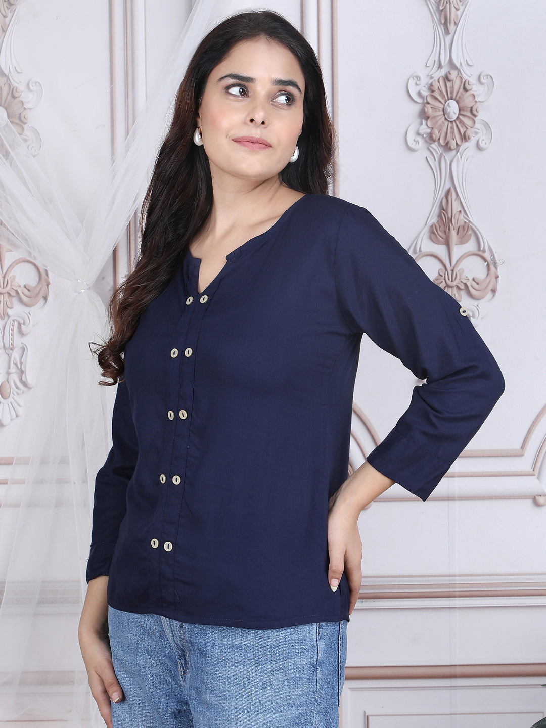 Navy Blue Solid Pattern Straight Rayon Top
