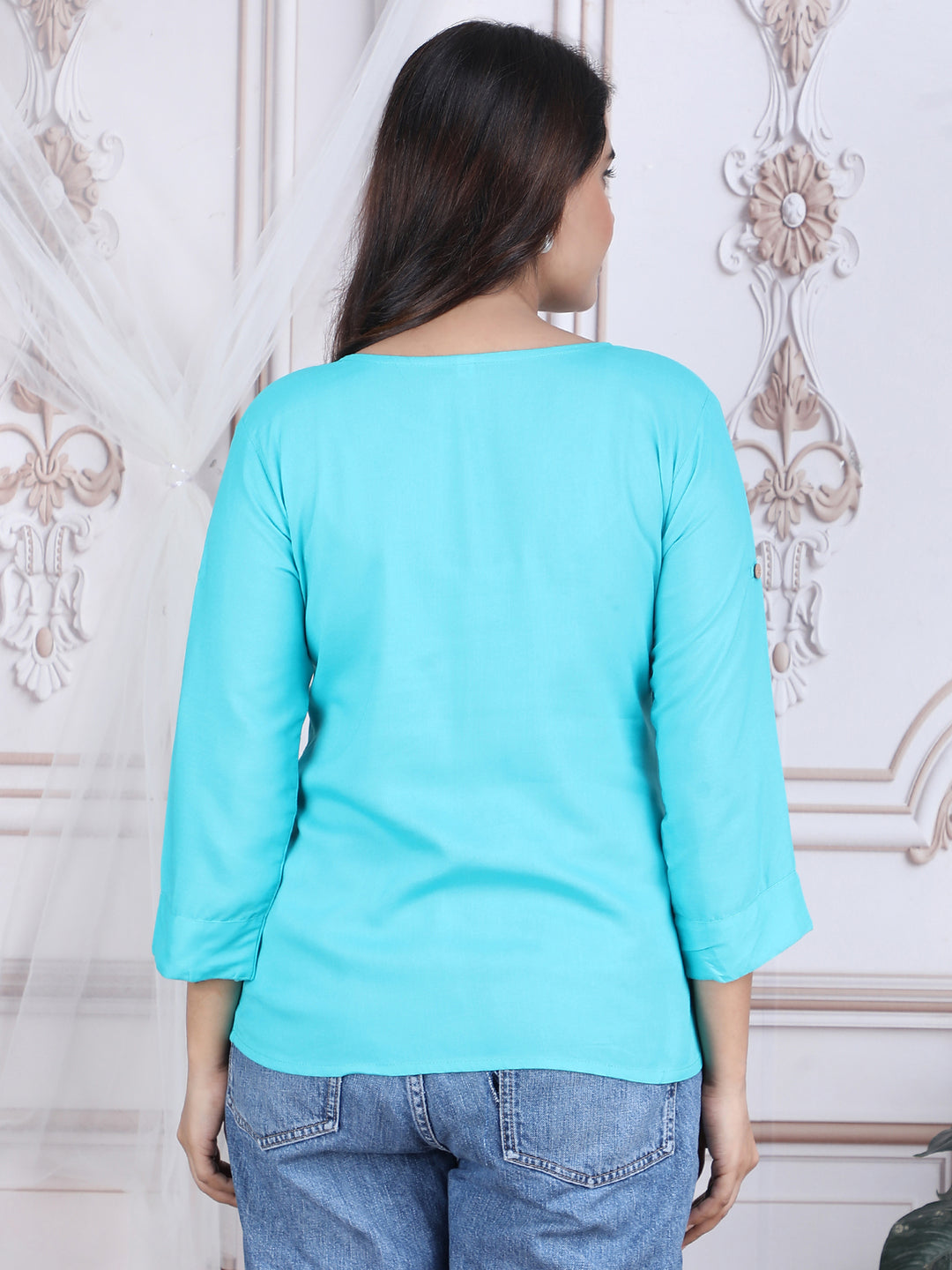 Sky Blue Solid Straight Rayon Top