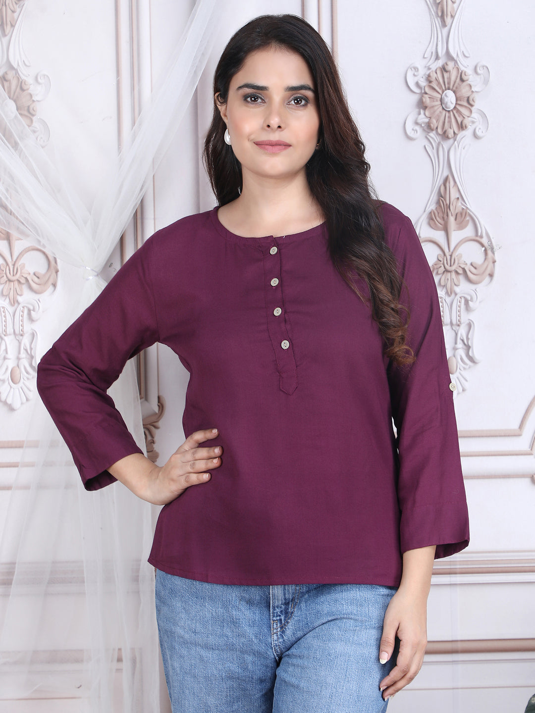 Purple Solid Straight Rayon Top