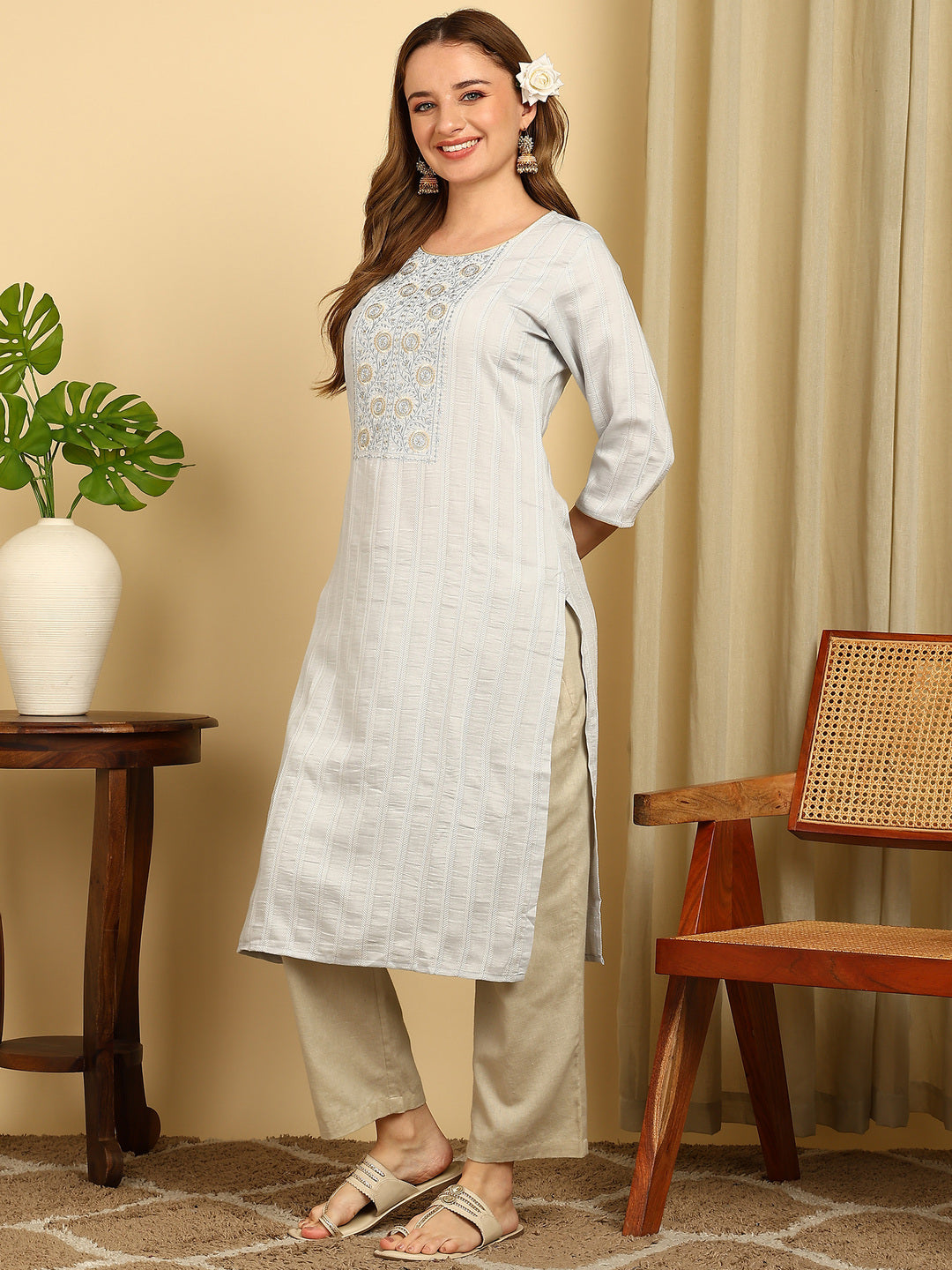 Embroidered Light Green PolySilk Straight Kurta