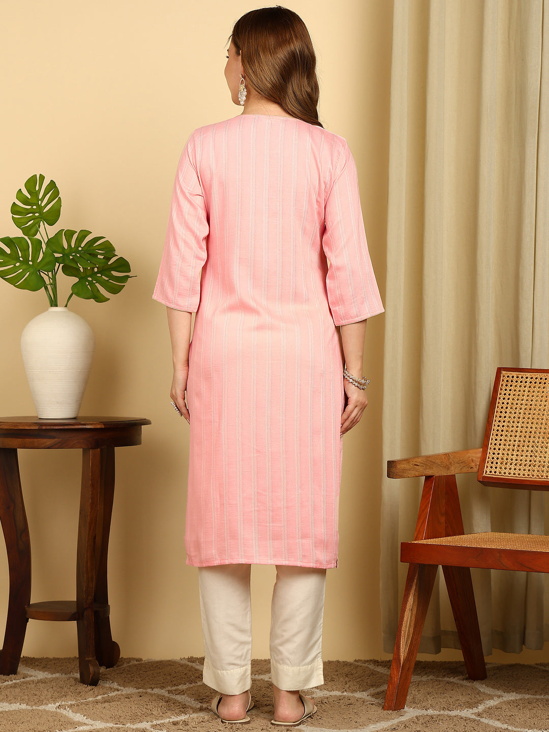 Pink Embroidered PolySilk Straight Kurta