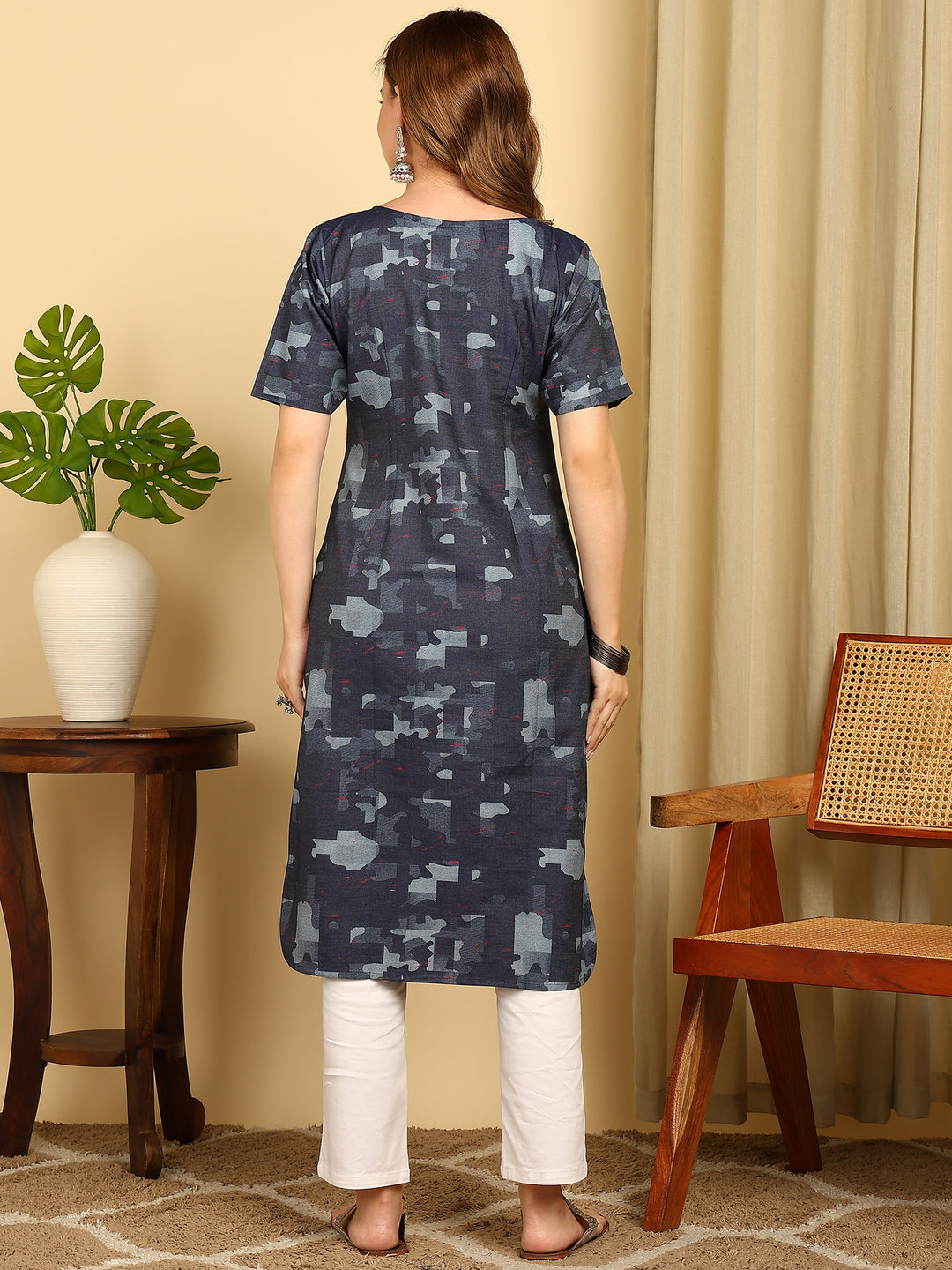 Indigo Blue Solid Cotton Blend Regular Straight Kurta