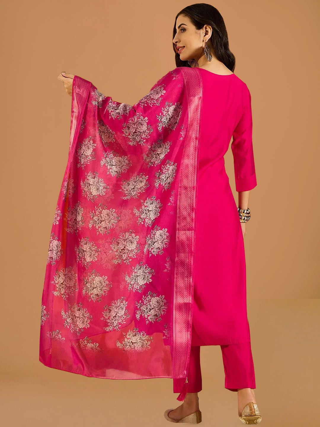 dhartii Fuchsia Pink Viscose Chanderi Embroidered Suit Set with Dupatta (3-Piece)