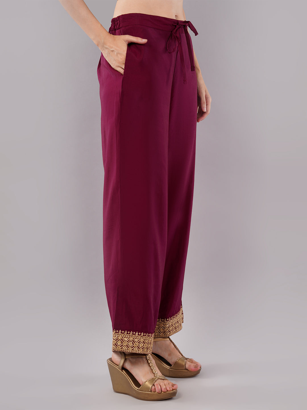 dhartii Modern Festive Dark Plum Embroidered Suit Set with Sheer Dupatta and Embroidered Palazzo (3 Piece Set)