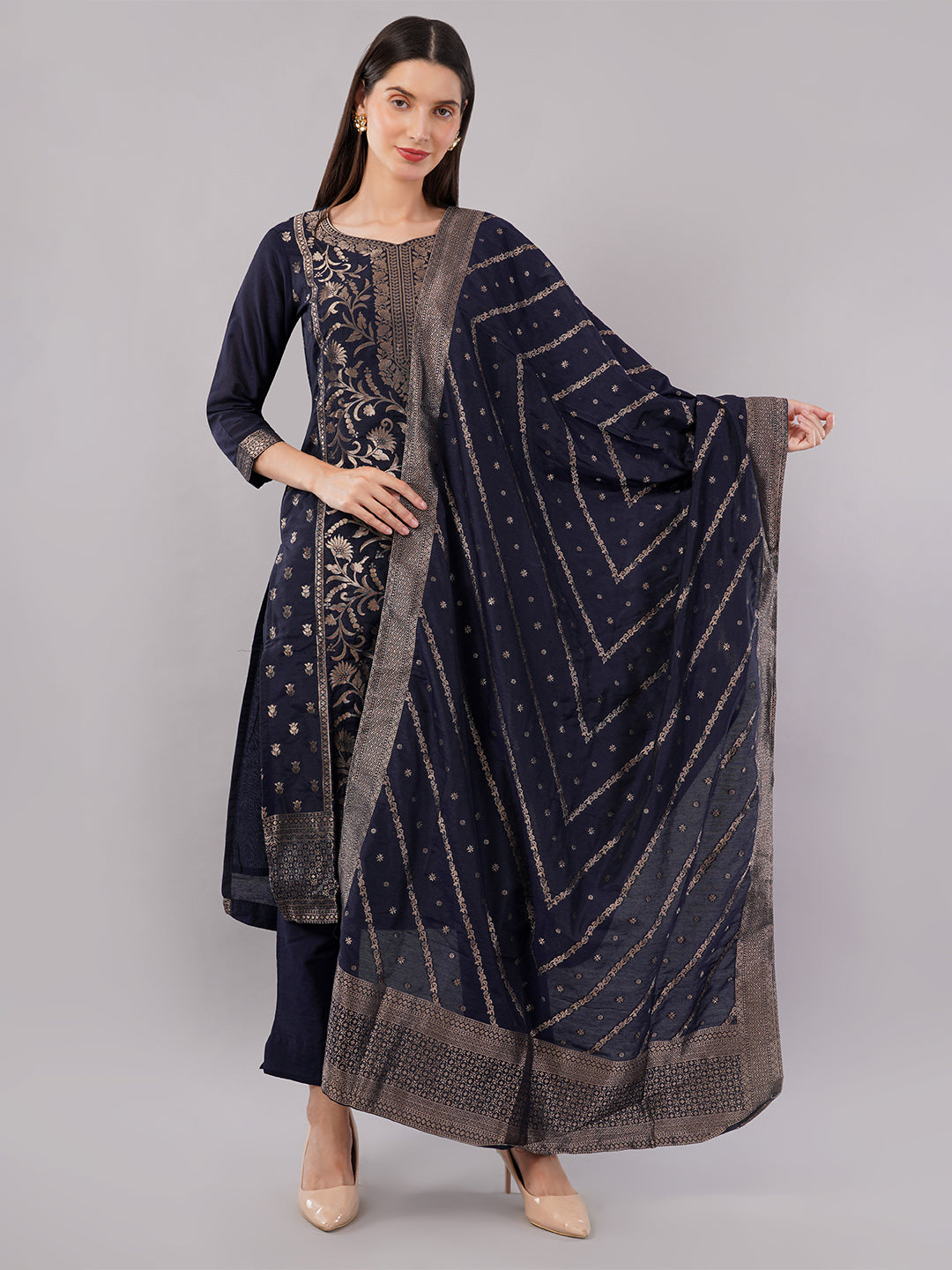 dhartii New Age Navy Blue Royal Brocade Suit Set with Dupatta and Pants (3 Piece Set)