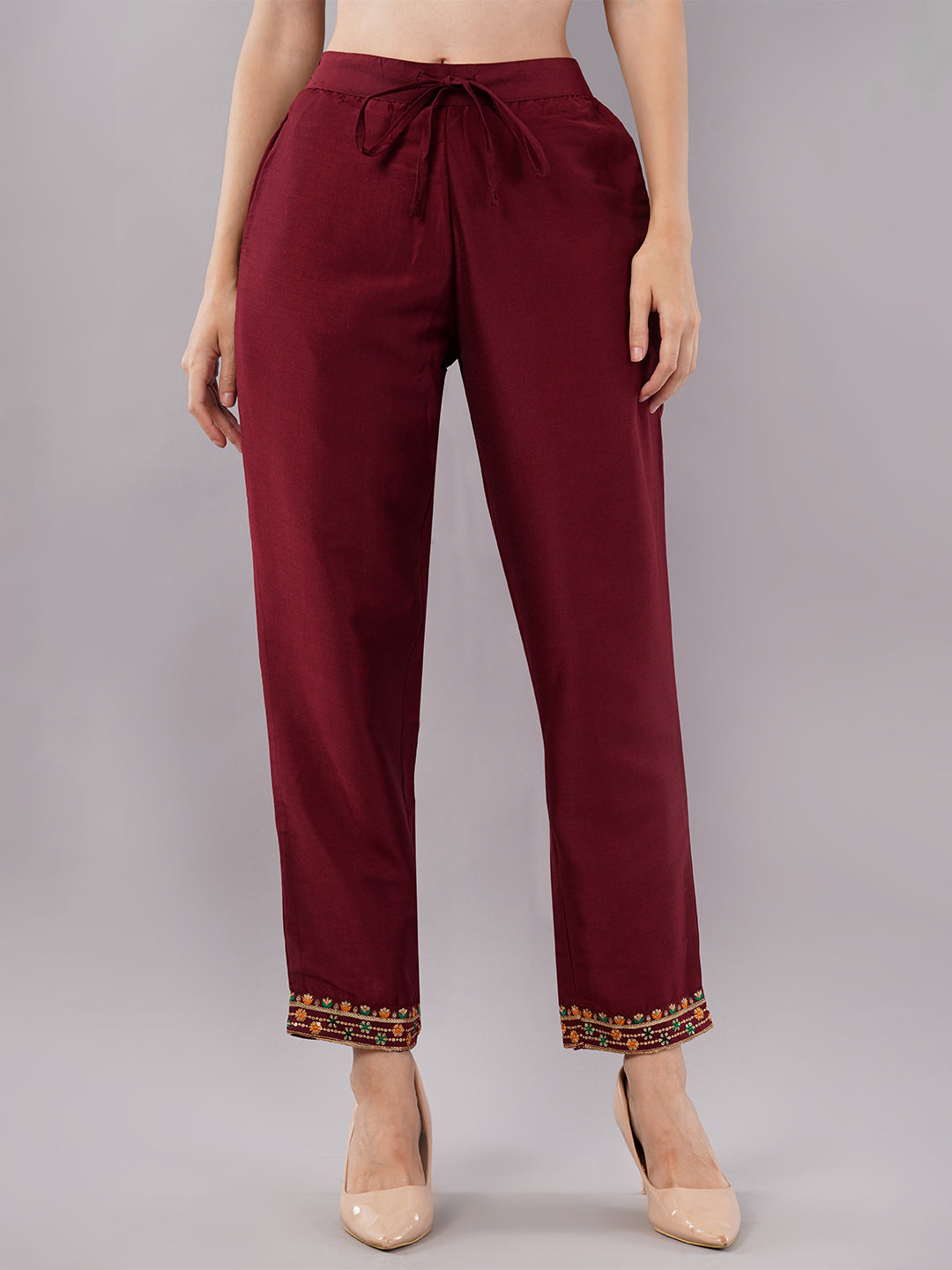 dhartii Trendy Festive Maroon Embroidered Suit Set with Floral Dupatta and Pants (3 Piece Set)