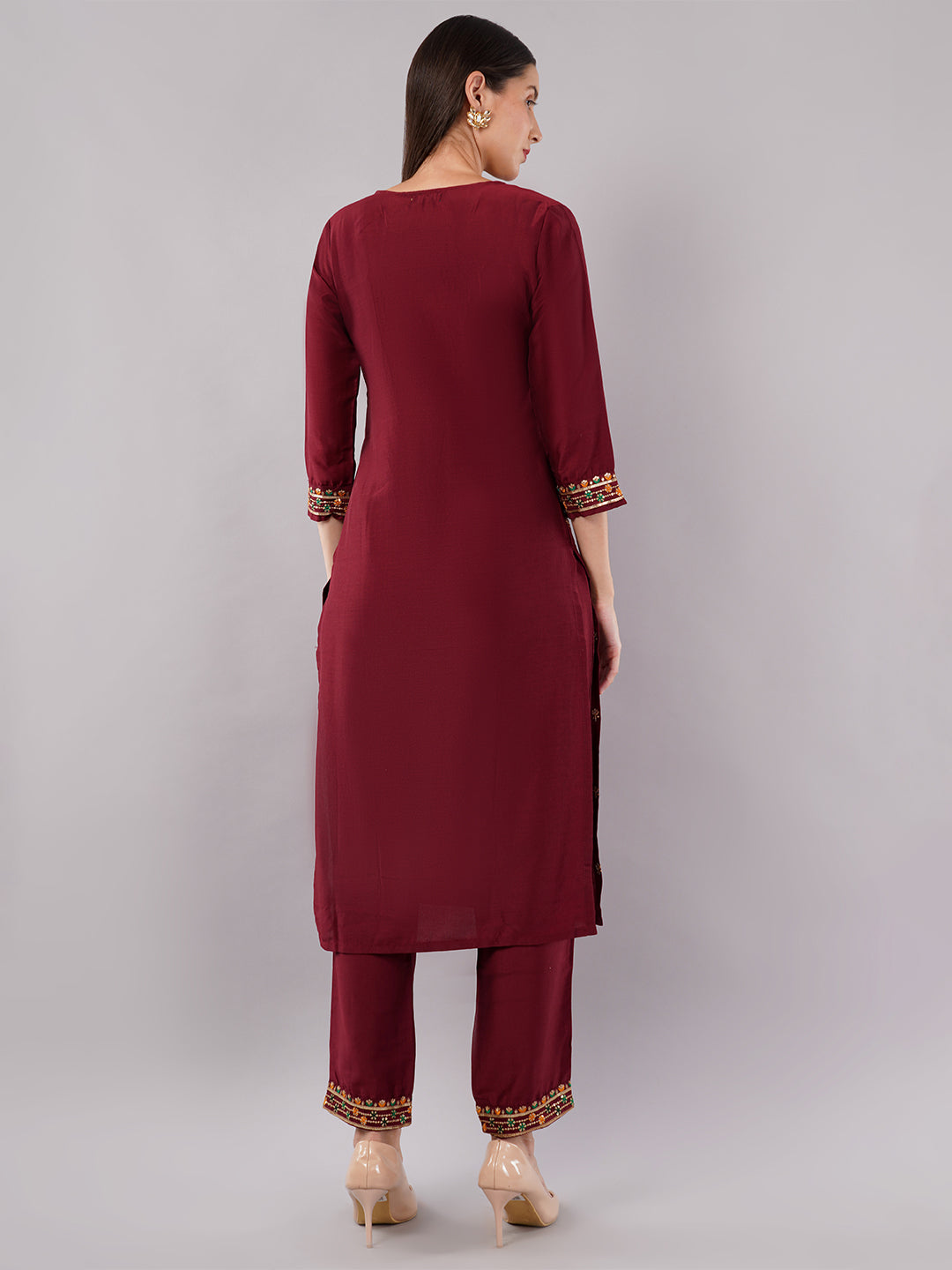dhartii Trendy Festive Maroon Embroidered Suit Set with Floral Dupatta and Pants (3 Piece Set)