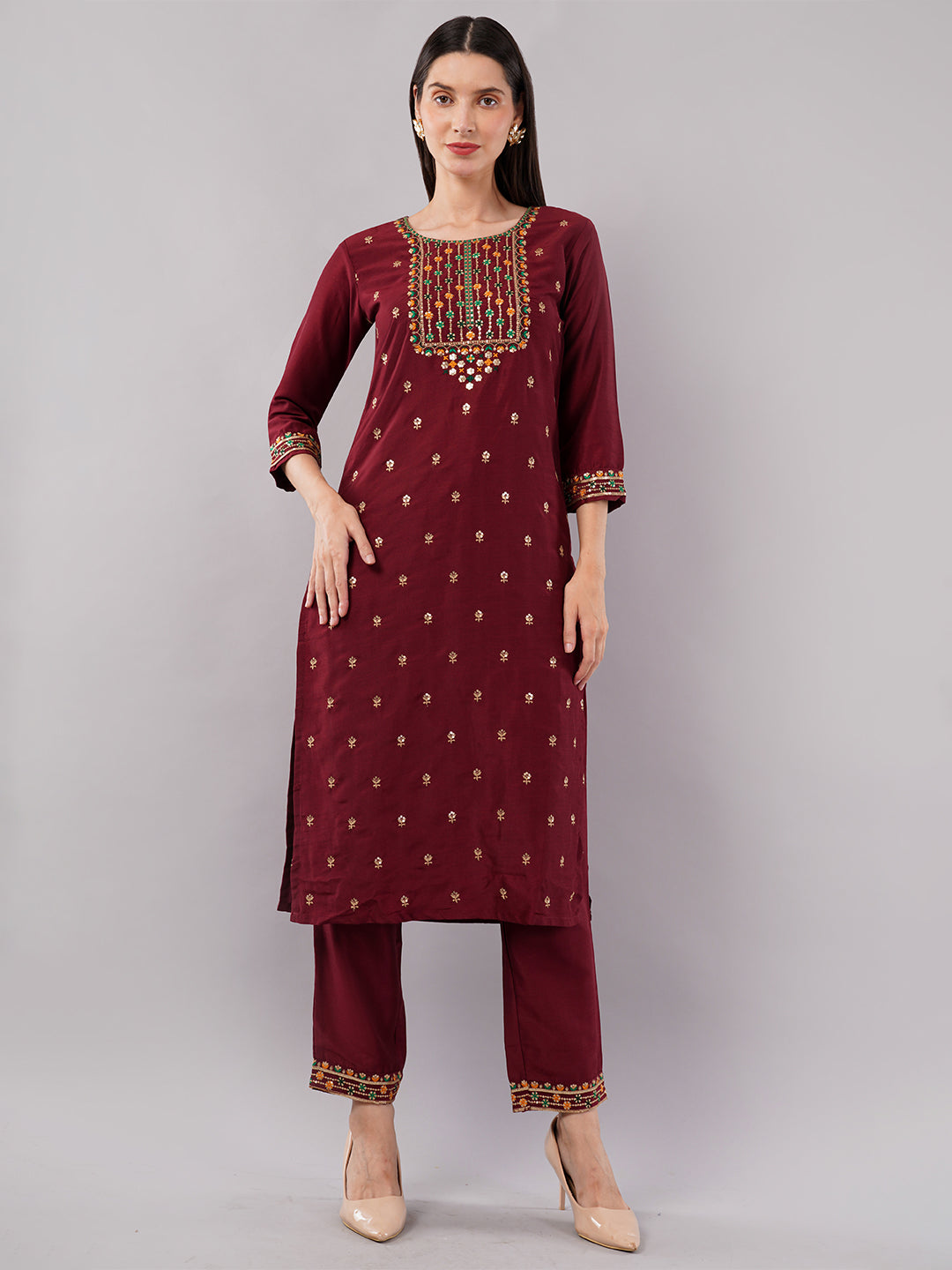 dhartii Trendy Festive Maroon Embroidered Suit Set with Floral Dupatta and Pants (3 Piece Set)