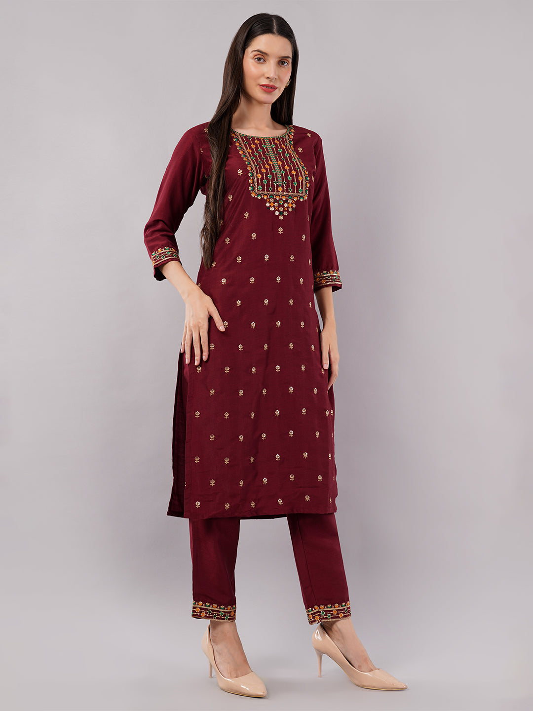 dhartii Trendy Festive Maroon Embroidered Suit Set with Floral Dupatta and Pants (3 Piece Set)