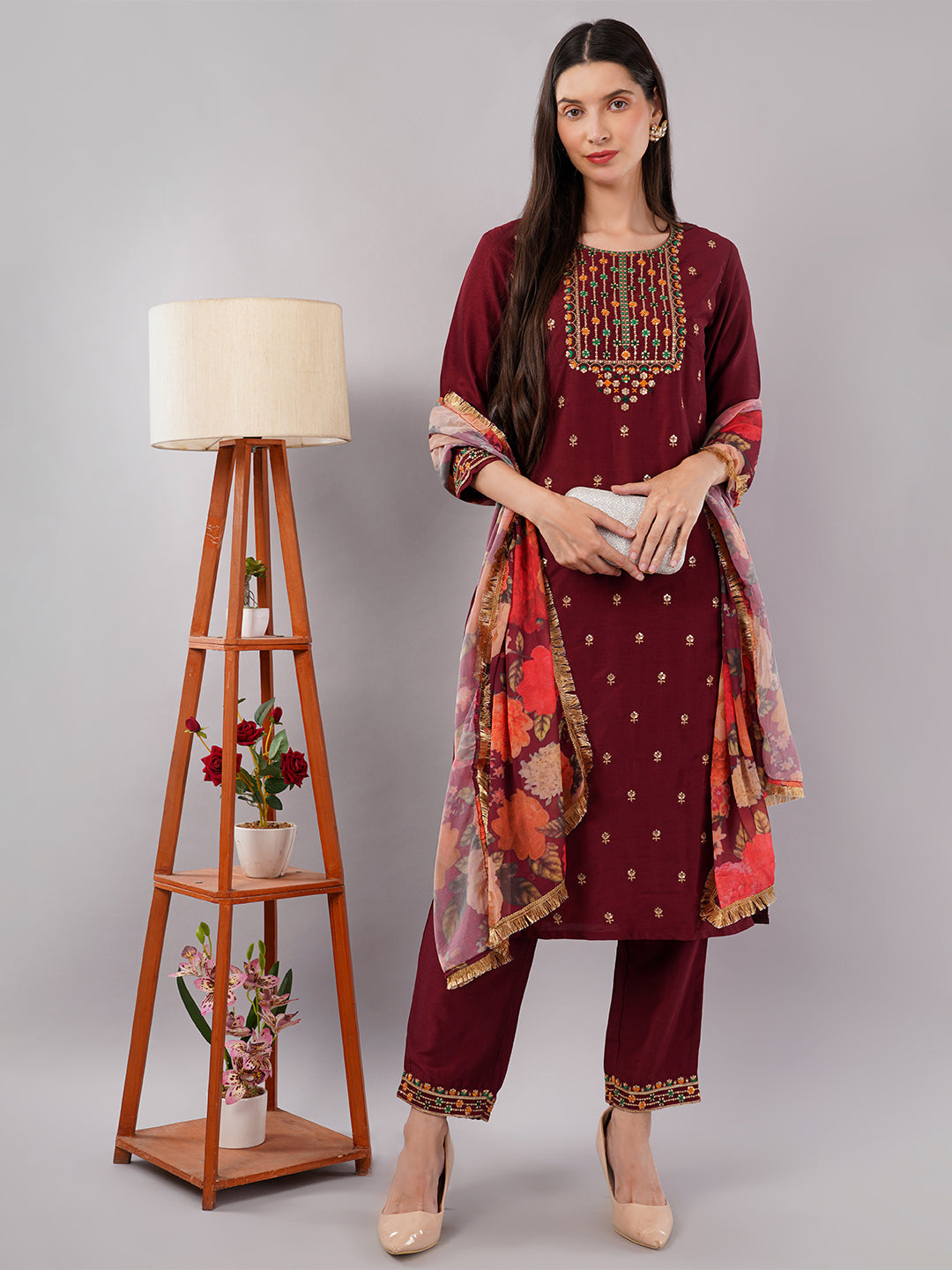 dhartii Trendy Festive Maroon Embroidered Suit Set with Floral Dupatta and Pants (3 Piece Set)
