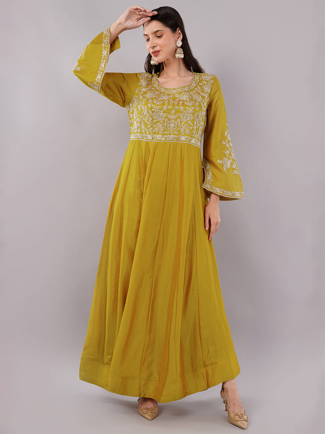 dhartii Opulent Yellow Intricate Embroidered Floor Length Anarkali Set with Scallopped Dupatta (2 Piece Set)