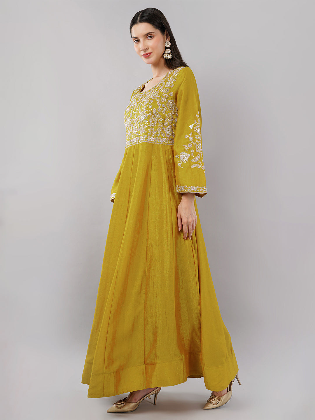 dhartii Opulent Yellow Intricate Embroidered Floor Length Anarkali Set with Scallopped Dupatta (2 Piece Set)