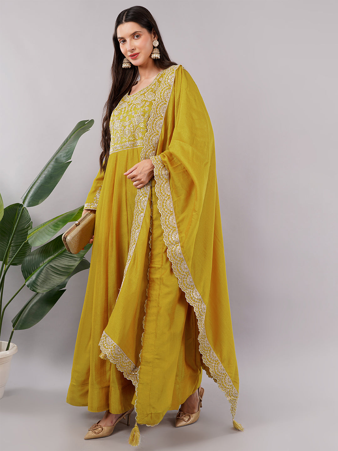 dhartii Opulent Yellow Intricate Embroidered Floor Length Anarkali Set with Scallopped Dupatta (2 Piece Set)