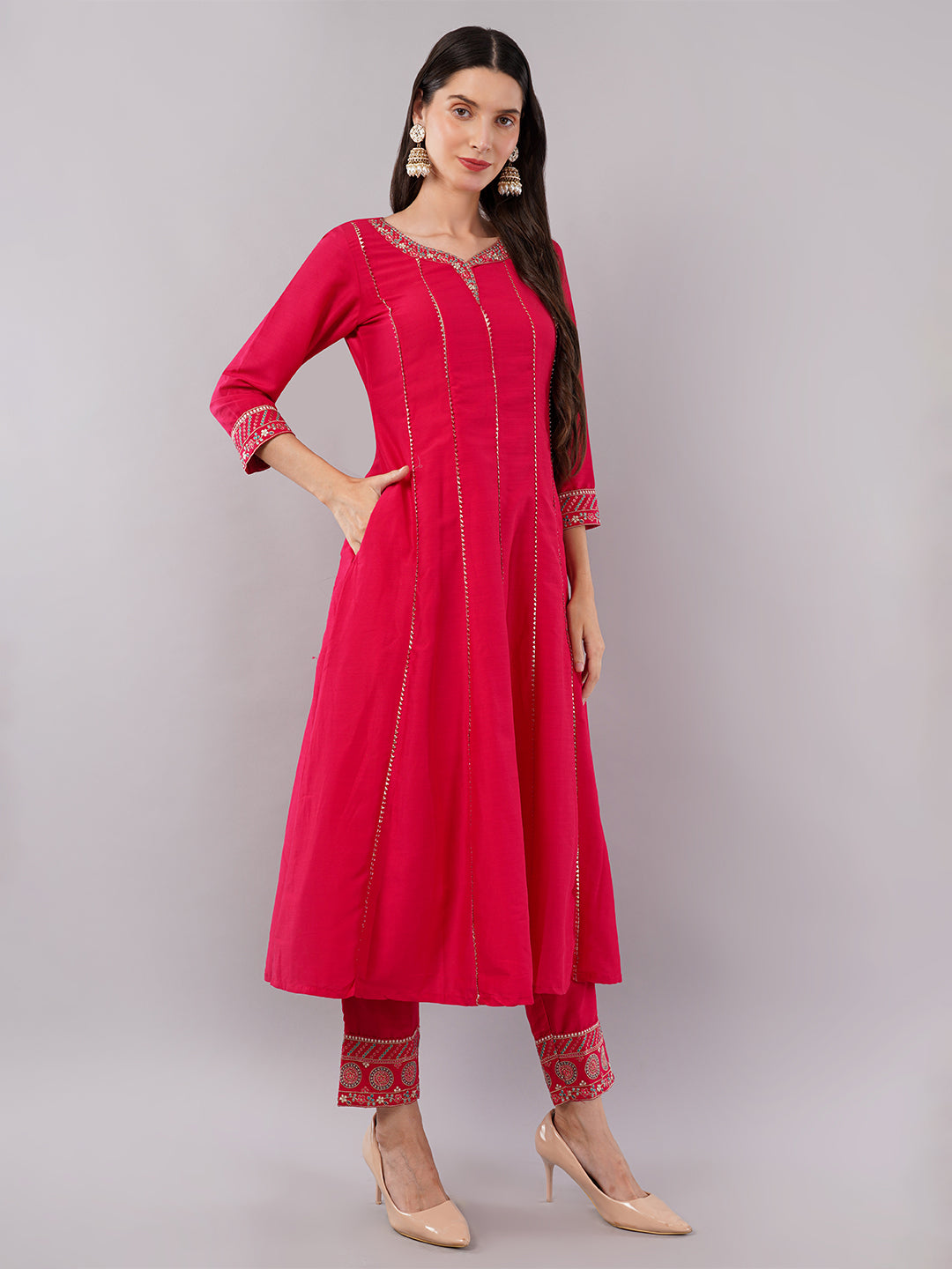 dhartii Classy Fuchsia Pink Delicate Neck Embroidered Anarkali Set with Organza Dupatta and Pants (3 Piece Set)