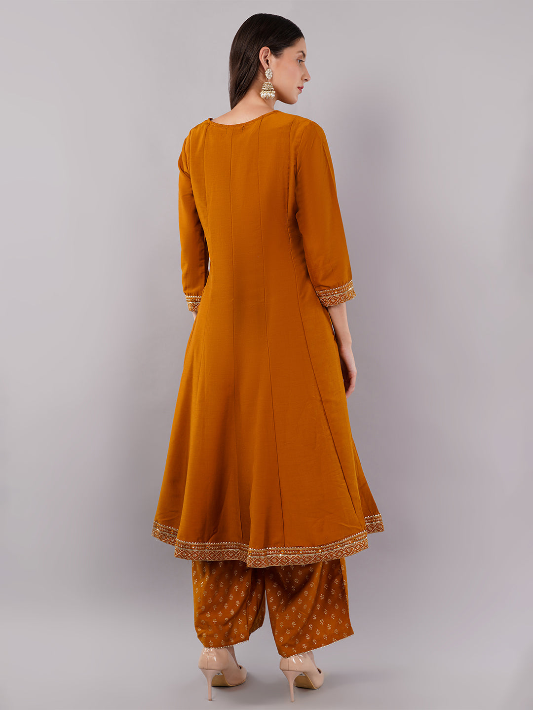 dhartii Festive Ready Mustard Modern Anarkali Set with Chiffon Dupatta and Palazzo (3 Piece Set)