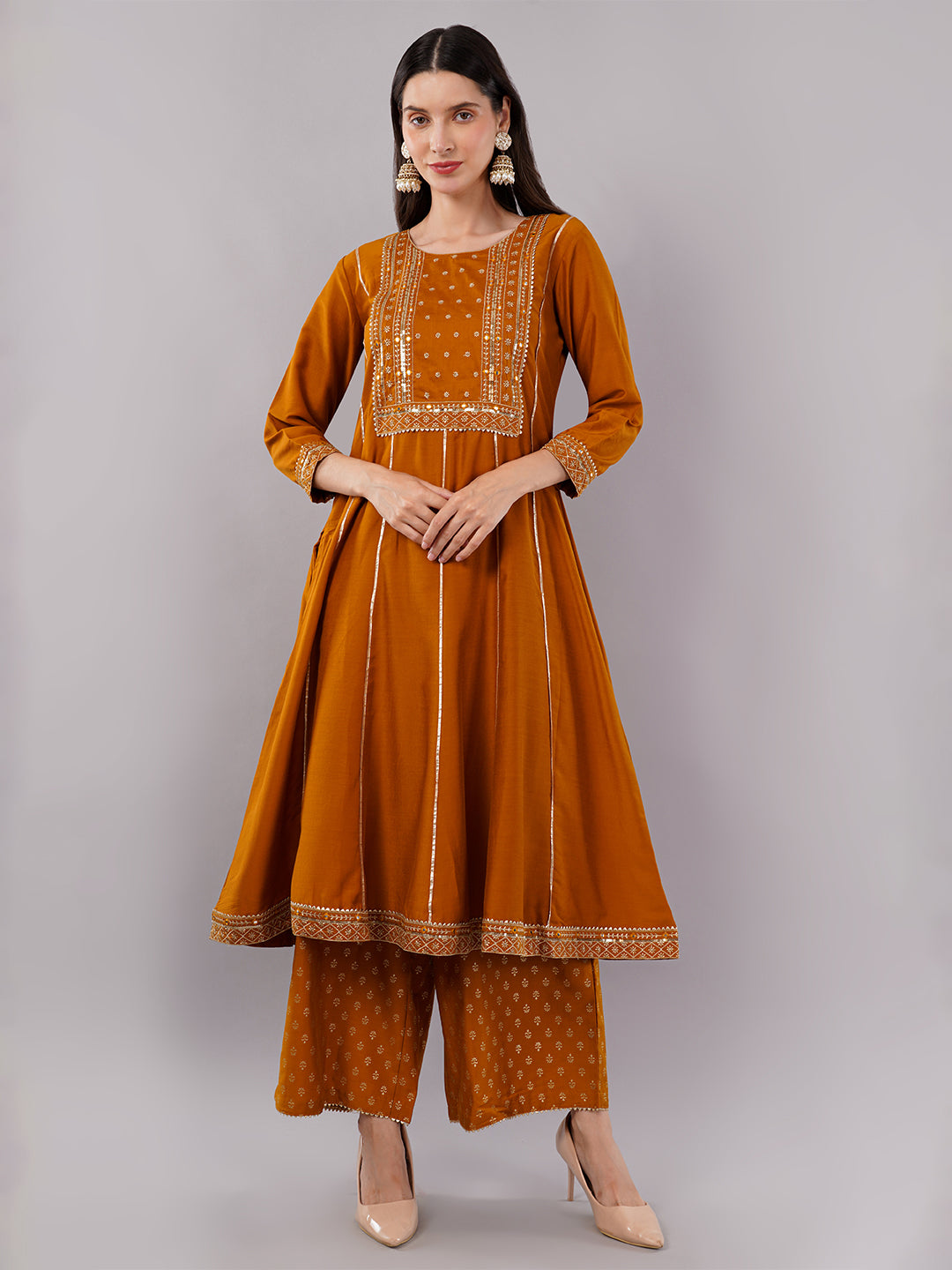 dhartii Festive Ready Mustard Modern Anarkali Set with Chiffon Dupatta and Palazzo (3 Piece Set)