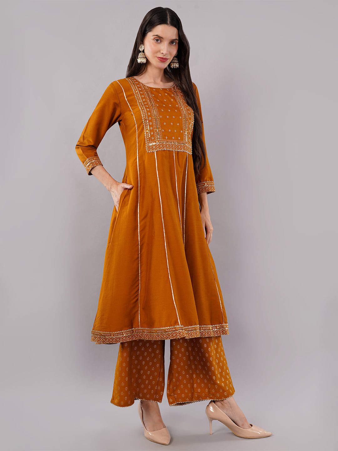 dhartii Festive Ready Mustard Modern Anarkali Set with Chiffon Dupatta and Palazzo (3 Piece Set)