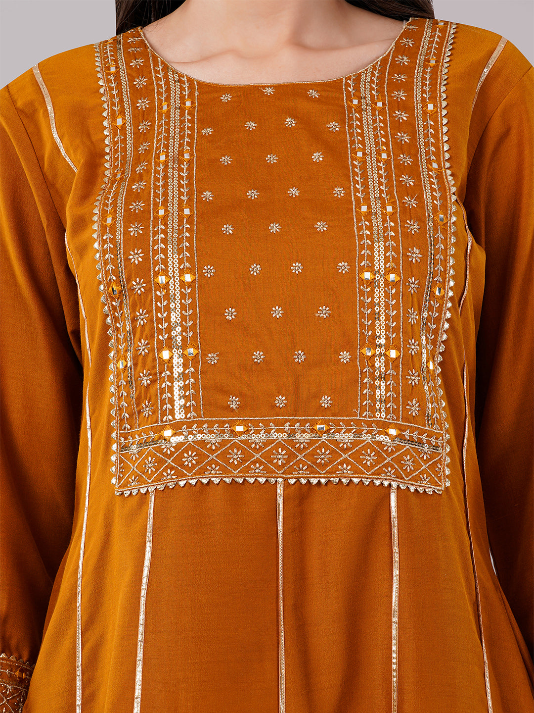 dhartii Festive Ready Mustard Modern Anarkali Set with Chiffon Dupatta and Palazzo (3 Piece Set)