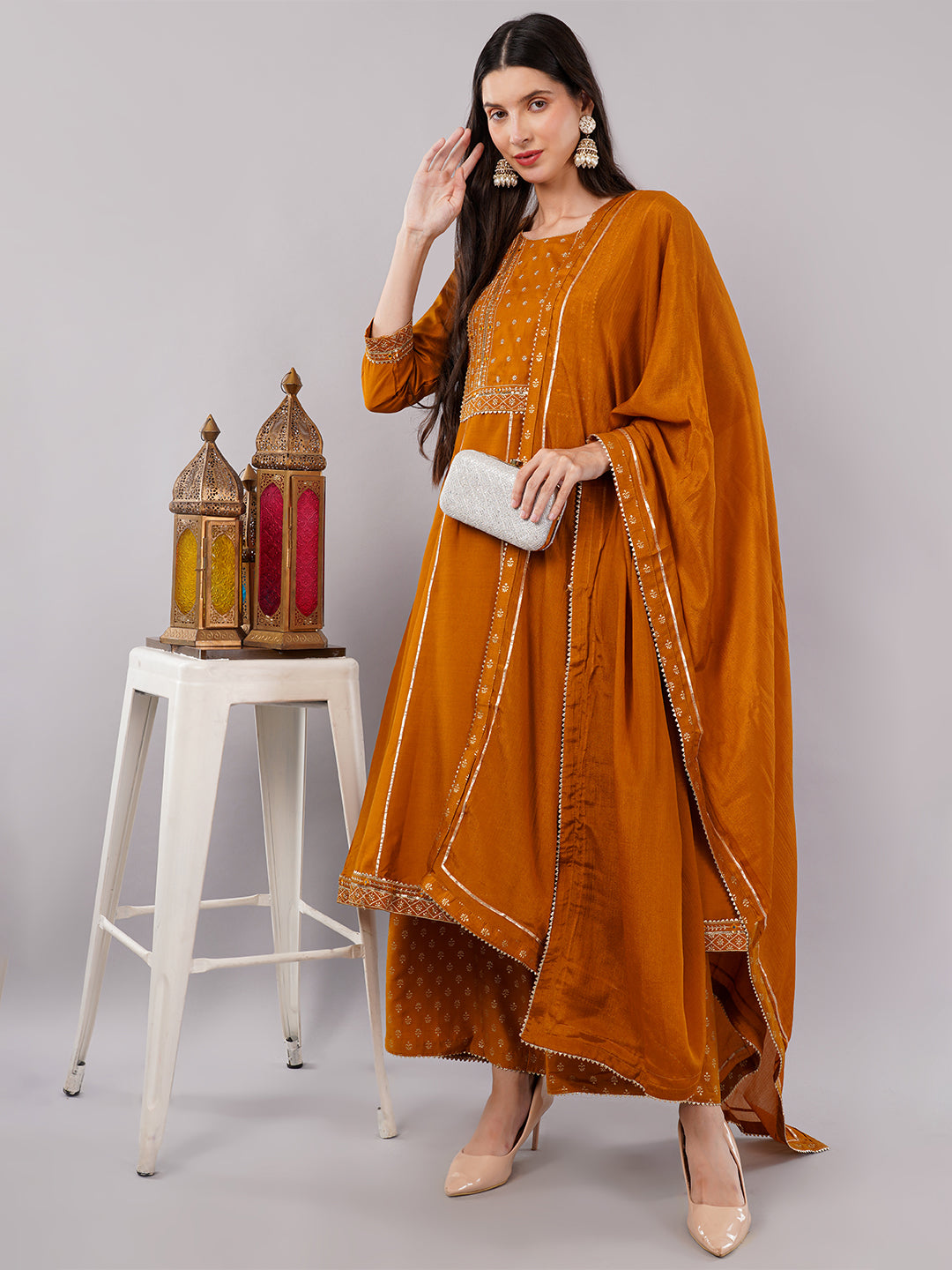 dhartii Festive Ready Mustard Modern Anarkali Set with Chiffon Dupatta and Palazzo (3 Piece Set)