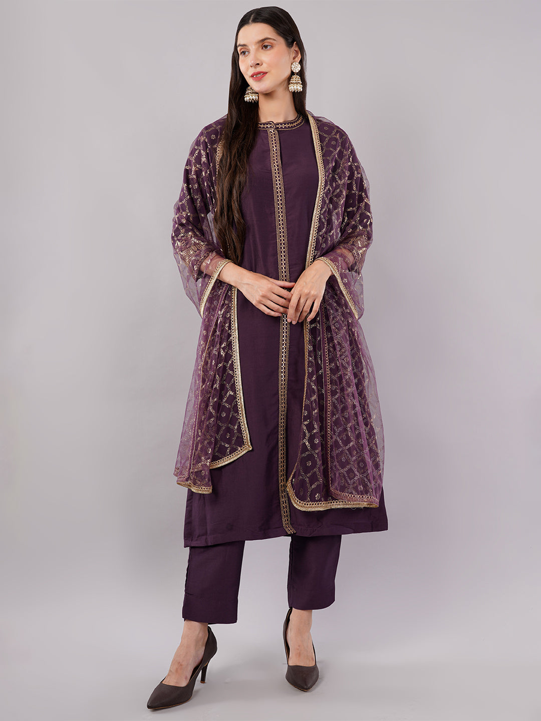 dhartii Festive Purple Glam Suit Set with Embroidered Front Slit, Foil Printed Net Dupatta with pants (3 Piece Set)