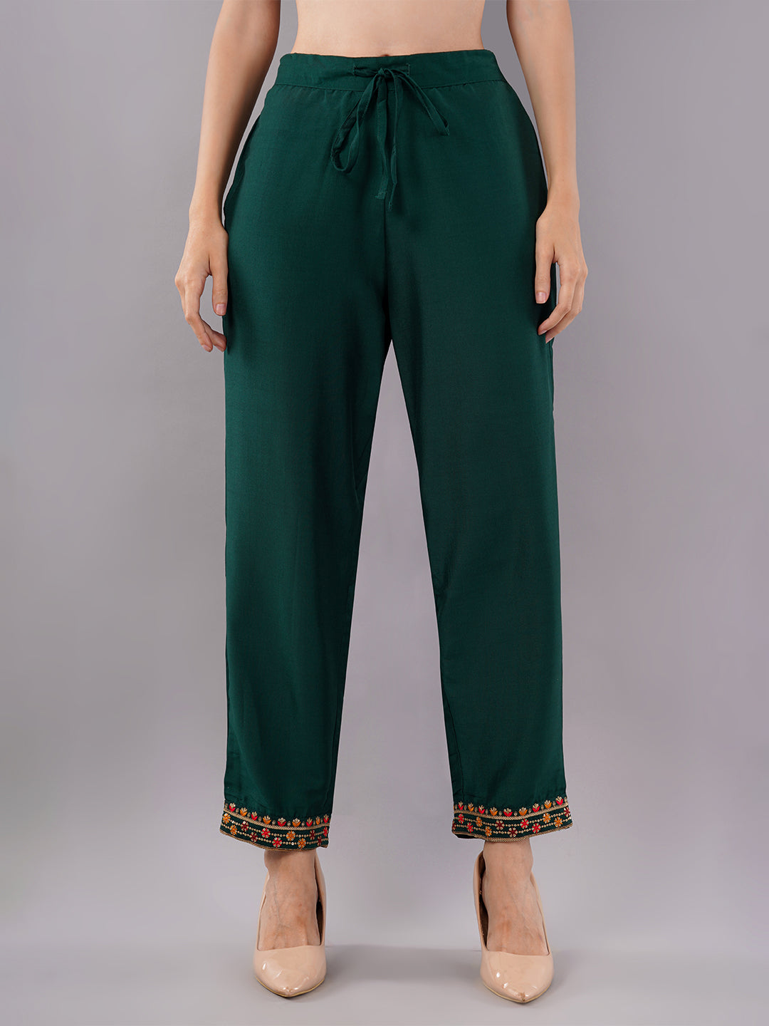 dhartii Trendy Festive Dark Green Embroidered Suit Set with Floral Dupatta and Pants (3 Piece Set)