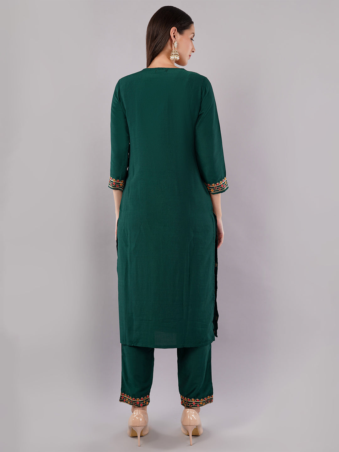 dhartii Trendy Festive Dark Green Embroidered Suit Set with Floral Dupatta and Pants (3 Piece Set)