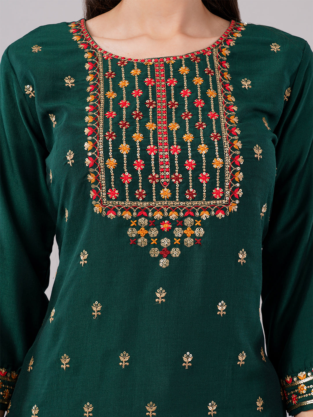 dhartii Trendy Festive Dark Green Embroidered Suit Set with Floral Dupatta and Pants (3 Piece Set)