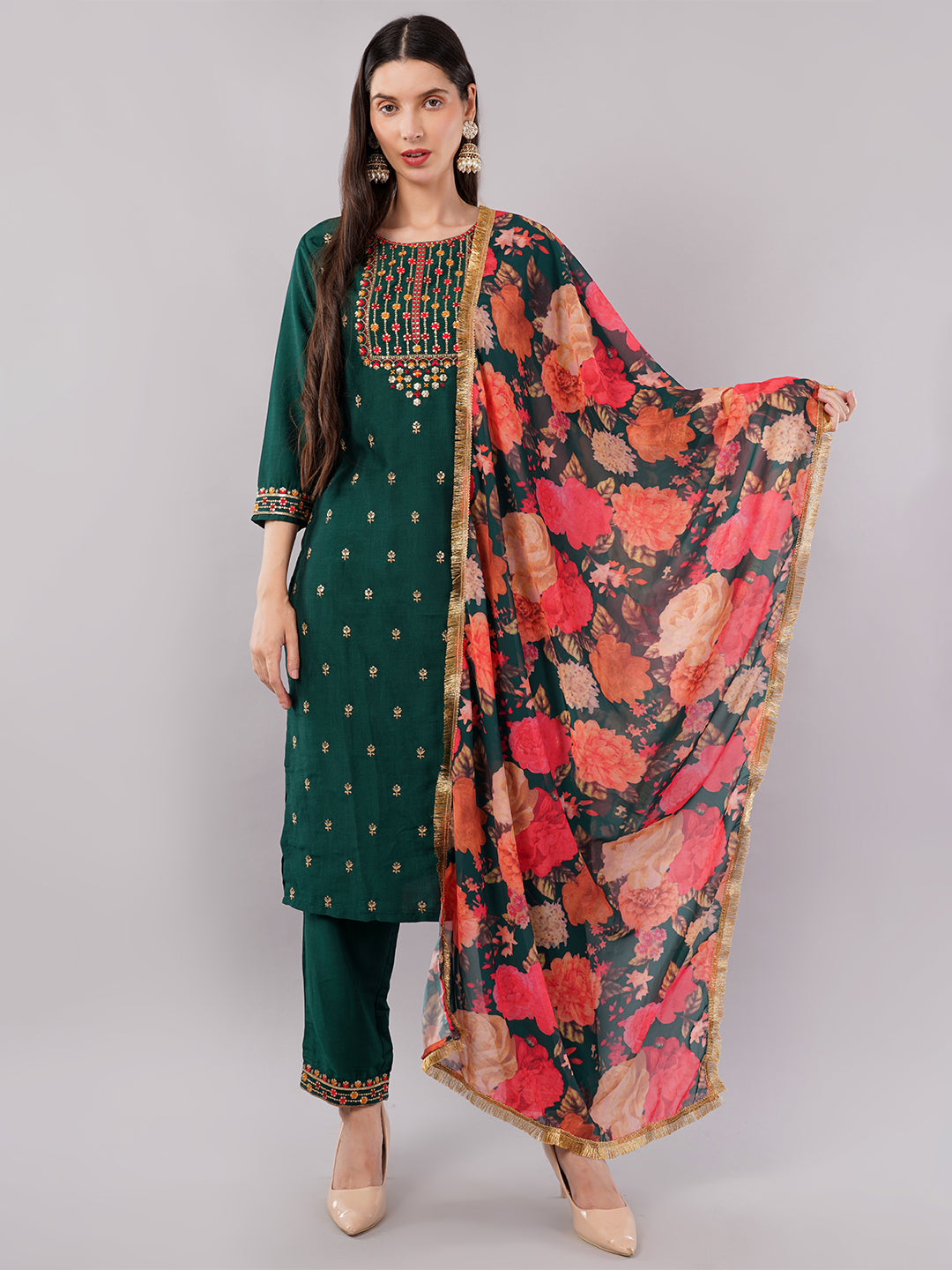 dhartii Trendy Festive Dark Green Embroidered Suit Set with Floral Dupatta and Pants (3 Piece Set)